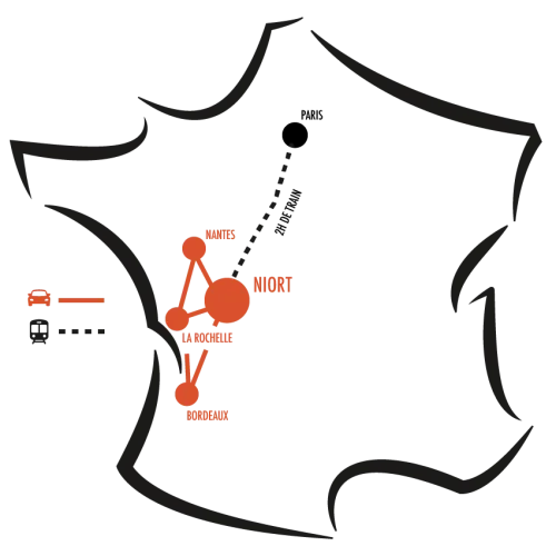 Carte de France avec les villes de Nantes, Niort, La Rochelle et Bordeaux