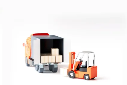 modélisation 3D d'un quai de réception avec un camion et un chariot élévateur
